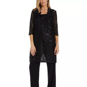 R & M Richards 3-Pc. Sequined Lace Pantsuit & Jacket Black Size 14